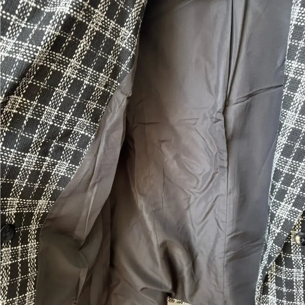 Mina Self Black White Plaid Blazer Small Double Breasted Cropped Jacket